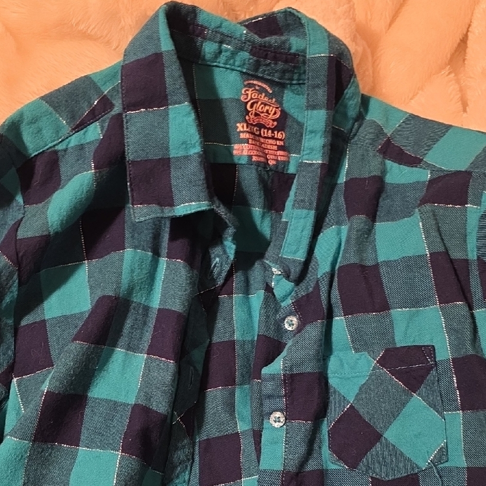 Faded Glory Kids Teal and Navy Checkered Shirt